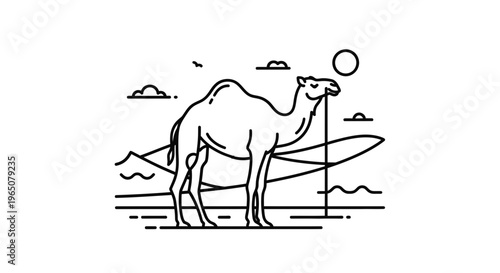 camel with surfboard on beach