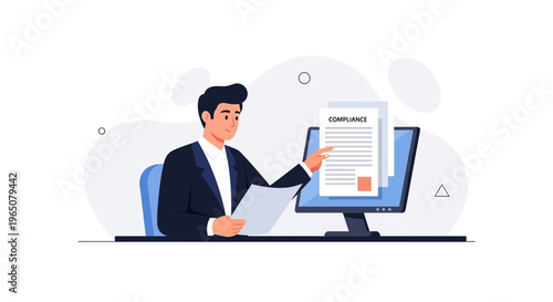 Businessman working on compliance document on computer screen, business concept
