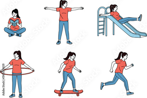 Vector set of children's outdoor and indoor leisure activities featuring a girl reading books playing on a slide hula hooping skateboarding and running for youth education.