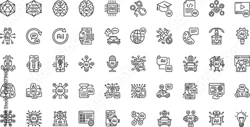 Modern Line Icon Set for Artificial Intelligence Machine Learning Neural Networks and Generative AI Technology Featuring Smart Algorithms and Digital Automation SymbolsModern Line Icon Set for Artific