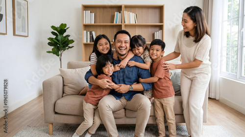 Happy Southeast Asian family with four children hugging their father on a sofa, mother standing by, in a bright modern minimalist living room.