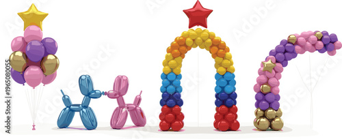 Vector set of colorful party balloon decorations including a bunch with star balloon animals and decorative arches for birthday celebrations events and festive ceremonies.