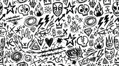 Abstract Graffiti Art Pattern Featuring Skulls, Faces, Lightning Bolts, and Stars on a White Background