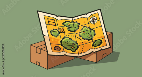 Vibrant cartoon treasure map with an 'X' marking the spot, carefully laid on two brown cardboard shipping boxes. Representing journey, discovery, and logistics.