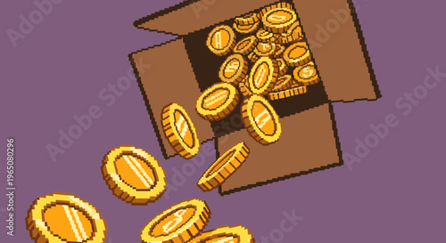 Abundance of shiny golden pixelated coins spilling out of an open brown cardboard box against a purple background, representing financial success and treasure.