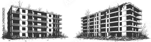 Abandoned ruined apartment buildings illustration, urban decay concept, damaged architecture sketch, post apocalyptic cityscape isolated on white