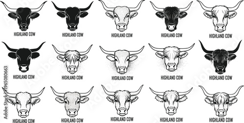 Vector set of highland cow head illustrations with long horns featuring different artistic styles from detailed stippling to bold black silhouettes for rustic farm branding.