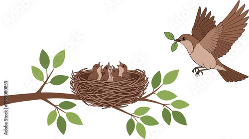 Set of Minimalist Bird Silhouettes Featuring Nesting Mother Birds with Eggs and Hatchlings on Decorative Tree Branches for Nature Branding and Home DecorSet of Minimalist Bird Silhouettes Featuring Ne