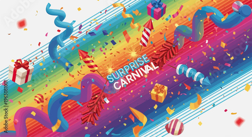 Une illustration festive et colorée pour un carnaval surprise avec des confettis, des serpentins bleus, des boîtes cadeaux et des feux d'artifice.