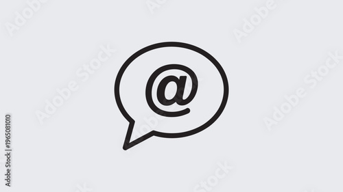 A simple black and white illustration of an at sign inside a speech bubble on a plain background.