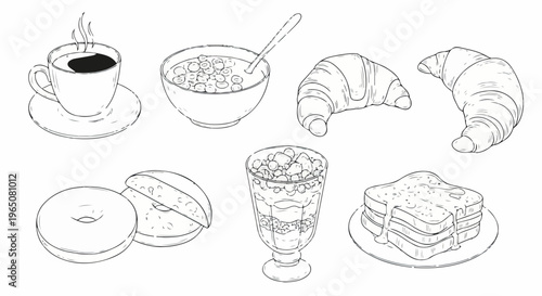 Ensemble de dessins au trait représentant un petit-déjeuner complet avec café chaud, croissants croustillants, bol de céréales et bagels frais.