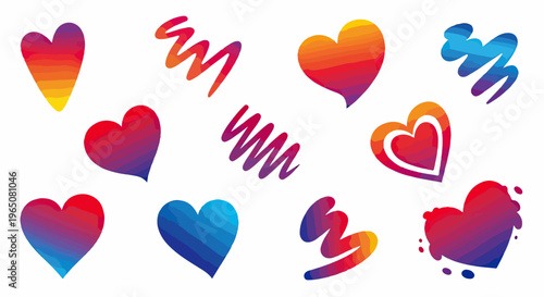 Collection d'icônes de cœurs abstraits et de formes ondulées avec des dégradés de couleurs vives sur fond blanc pour projets créatifs de design.