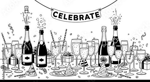 celebration table with champagne and party elements