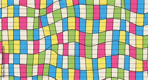 Motif abstrait de grille ondulée avec des blocs de couleurs vives comme le rose, le bleu et le jaune sur un fond de lignes horizontales.