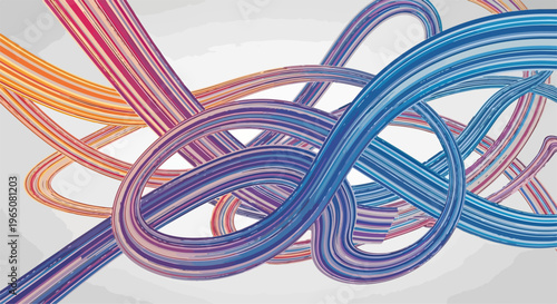 Illustration abstraite de rubans tridimensionnels entrelacés aux couleurs vibrantes bleu et orange sur un fond gris clair pour un design moderne.