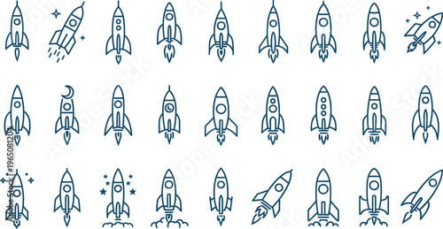 Vector set of minimalist rocket ship icons launching into space with stars and smoke for startup and technology branding.