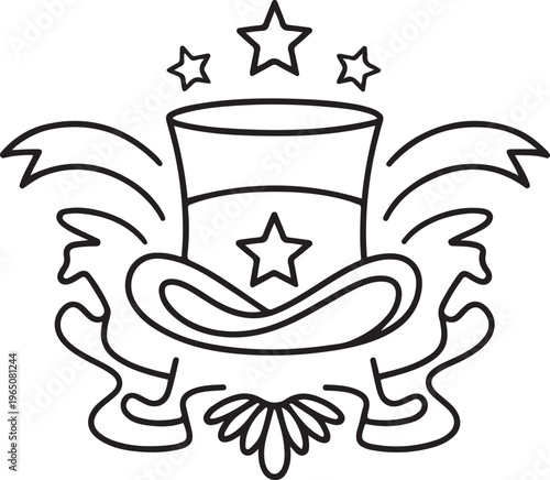 Patriotic american celebration emblem with stars, stripes, and uncle sam hat outline
