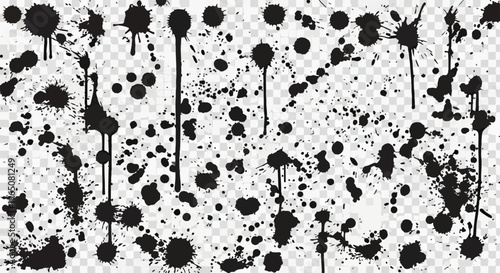 Collection d'éclaboussures d'encre noire avec gouttes et taches de peinture sur fond transparent pour projets de design graphique.