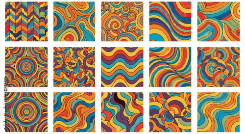 Ensemble de textures graphiques vintage aux tons orange et bleu présentant des designs psychédéliques ondulés et des formes géométriques variées.
