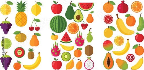 Colorful Fruit Collection Vector Set with Tropical and Fresh Fruits Including Banana Apple Pineapple Watermelon Citrus and Exotic Food Illustrations for Healthy Design