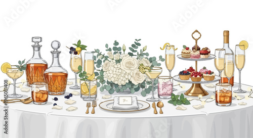 Elegant Table Setting: Drinks, Desserts, and Floral Centerpiece for Celebration