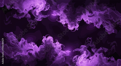 Fond abstrait avec de la fumée violette tourbillonnante et des nuages cosmiques sur un fond noir sombre et mystérieux pour projets créatifs.