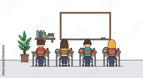 Children learning at desks in a classroom with whiteboard and plant