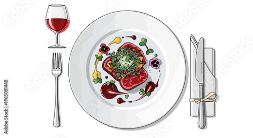 Gourmet Beef Steak Plated Meal with Red Wine and Cutlery