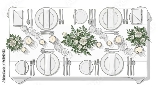 Elegant Wedding Table Setting with Floral Centerpiece and Candles - Top View