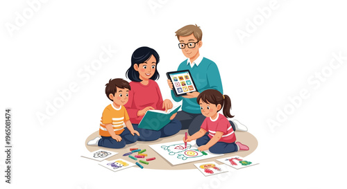 Family learning together: parents reading to children and using tablet, drawing