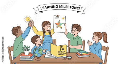 Children Celebrating Learning Milestone with Artwork and Globe