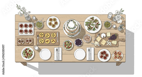 Overhead view of beautifully set table with delicious food, cake, and cheese board for celebration