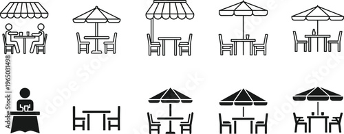 Vector set of outdoor cafe icons featuring restaurant tables with umbrellas, awnings, and people dining for hospitality branding.