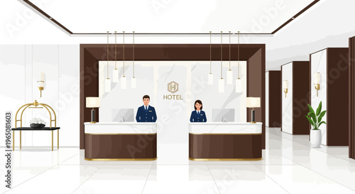 Hotel Lobby Reception Desk with Two Staff Members and Modern Interior Design