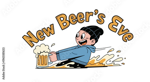 A cartoon man enthusiastically sliding with a foamy beer mug on New Beer's Eve, surrounded by splashes, against a clean white background with a lively and festive mood.