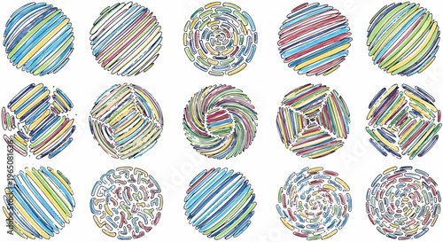 Ensemble de quinze cercles abstraits avec des textures de lignes gribouillées et des motifs géométriques colorés pour des projets créatifs.