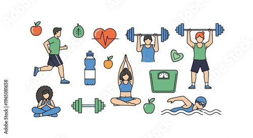 Healthy Lifestyle Icons: Running, Yoga, Weightlifting, Swimming, Nutrition