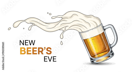 Illustration of a foamy beer mug with the text 'New Beer's Eve' on a white background, celebrating a beer festival concept with a craft beer celebration design.