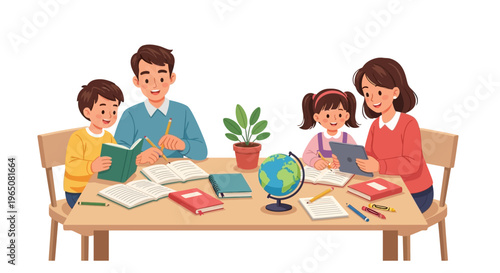 Family Studying Together: Parents Teaching Children at Home