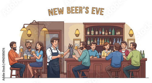 Illustration of friends drinking beer and celebrating New Beer's Eve in a lively bar with a festive atmosphere and a bartender serving alcoholic beverages.