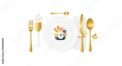 Elegant Gold Table Setting with Champagne, Plate, and Cutlery - Celebration Dinner