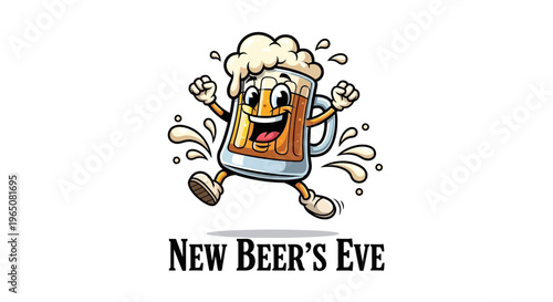 A cheerful cartoon beer glass character running with a joyful expression on New Beer's Eve against a clean white background with celebratory splashes.