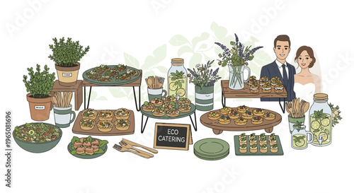 Eco Wedding Catering Buffet with Happy Couple Illustration