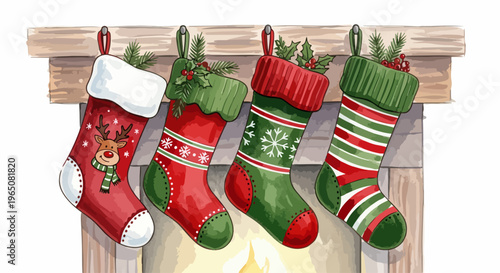 Illustration de quatre chaussettes de Noël traditionnelles accrochées au manteau d'une cheminée rustique avec des branches de sapin et houx.