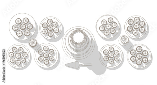 Overhead View of Festive Dessert Spread: Cake and Cupcakes on White Plates