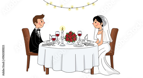 Happy Newlywed Couple Enjoying Romantic Dinner Under String Lights