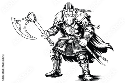 Black and white of armored medieval warrior with helmet and axe knight