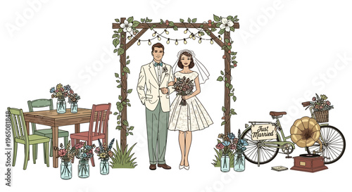 Vintage Wedding Scene Illustration: Couple, Arch, Bicycle, Table Setup