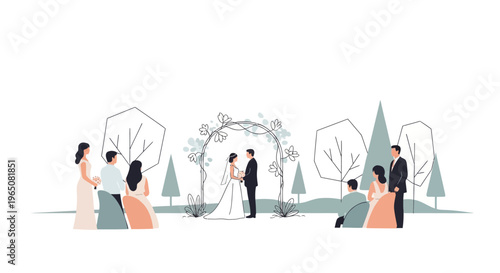 Wedding Ceremony Outdoors: Couple Exchanging Vows Under Floral Arch, Guests Witnessing