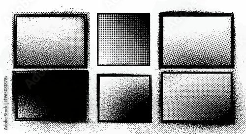 Composition abstraite de six formes géométriques avec une texture granuleuse de style pochoir à l'aérosol et des dégradés de gris sur fond blanc.